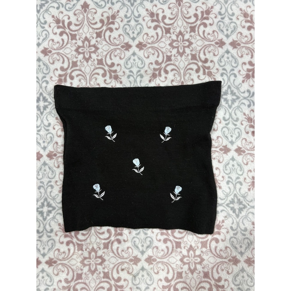 LSP Black Knit Tube Top Blue Rose Floral Embroidered Strapless Crop Top Medium